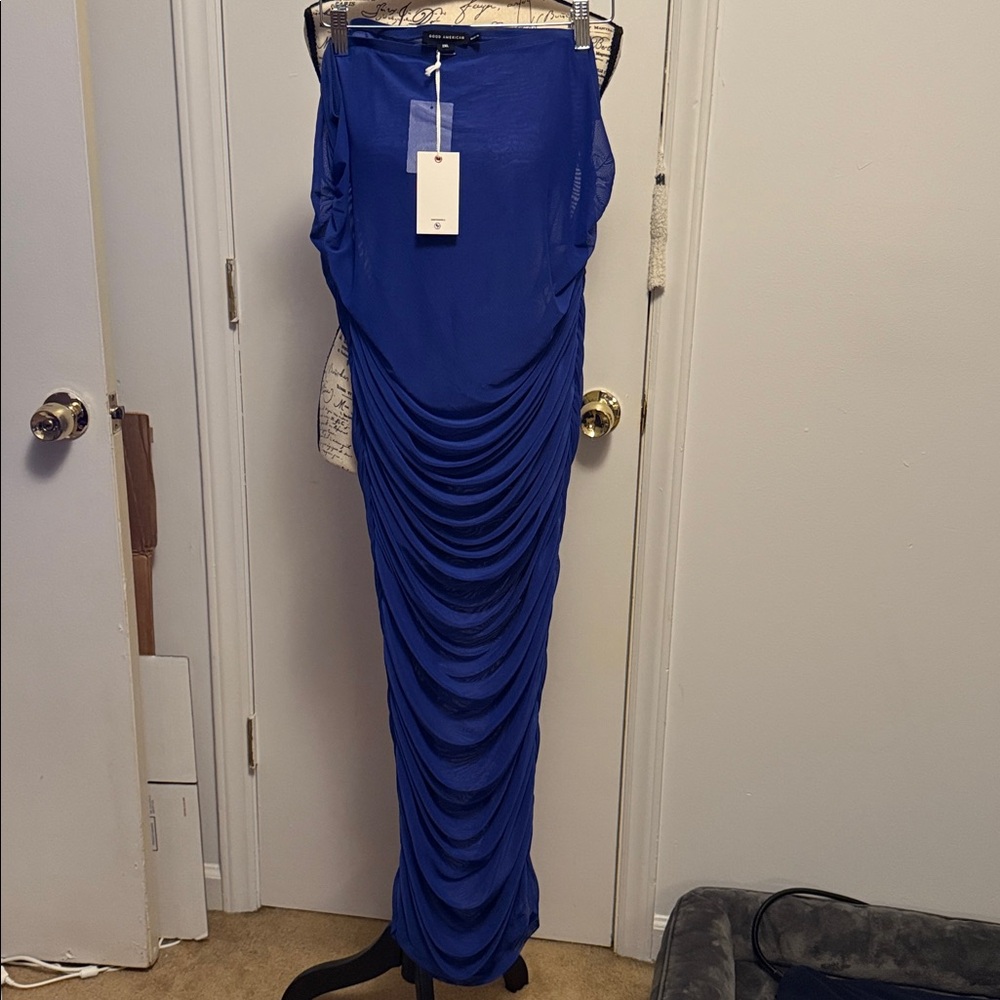 Good American Ruched Blue Mesh Maxi Skirt